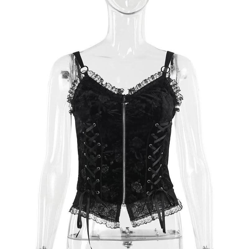 V neck lace hem zip-up ruffle lace up cami top