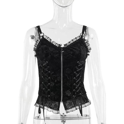 V neck lace hem zip-up ruffle lace up cami top