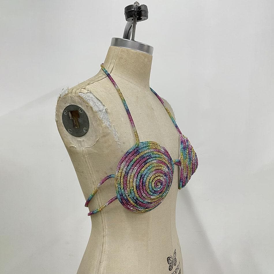 Halter beaded metal chain contrast bra top