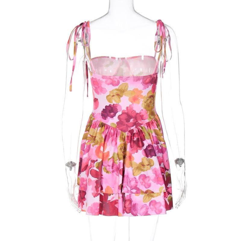 Floral Print Square Neck Tie Strap Tiered Ruffle Mini Dress