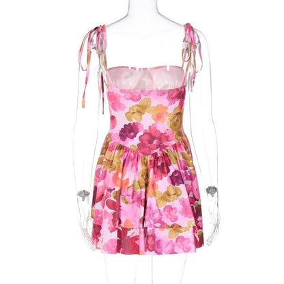 Floral Print Square Neck Tie Strap Tiered Ruffle Mini Dress