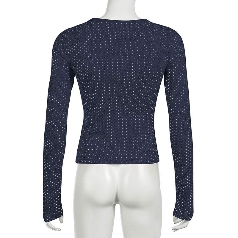 Polka dot long sleeve button lace hem patchwork top