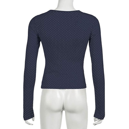 Polka dot long sleeve button lace hem patchwork top