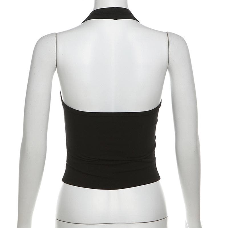 Halter beaded square neck cross pattern mesh top