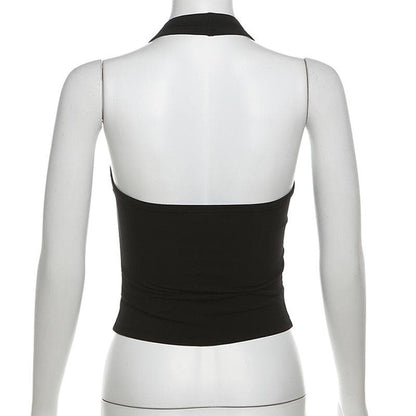 Halter beaded square neck cross pattern mesh top