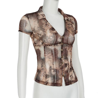 Short sleeve tie dye button sheer mesh top