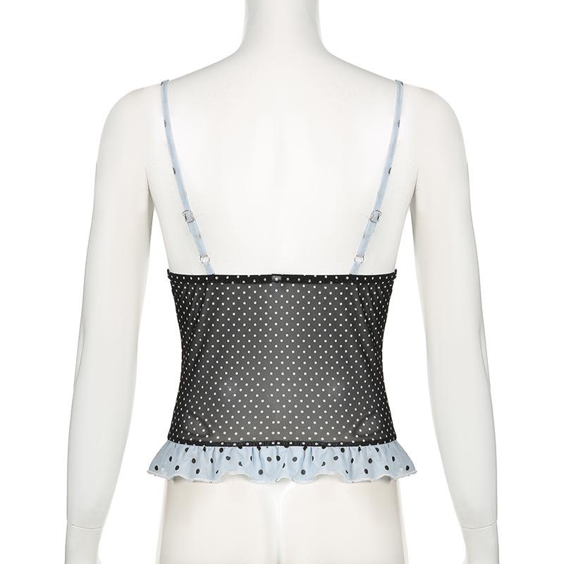 Ruffle polka dot mesh low cut contrast cami top