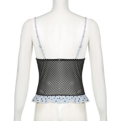 Ruffle polka dot mesh low cut contrast cami top