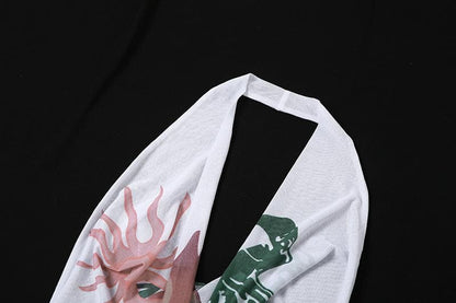 Abstract contrast cowl neck halter backless irregular mini dress