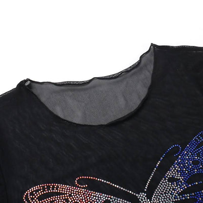 Round neck short sleeve butterfly pattern beaded crop top