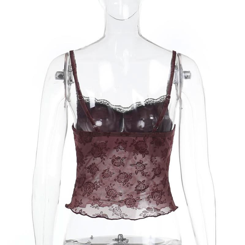 Lace hem ruched flower pattern mesh cami top