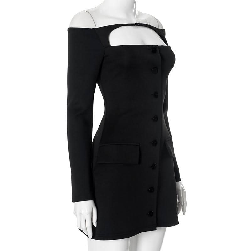 Off shoulder long sleeve button hollow out cut out mini dress