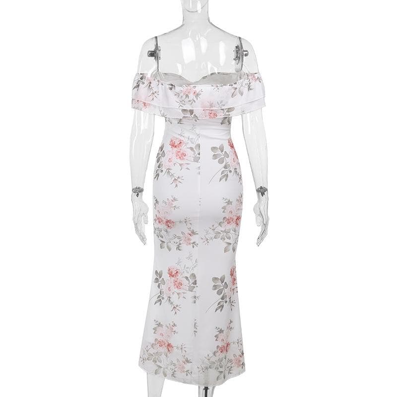 Off shoulder ruched flower print maxi dress