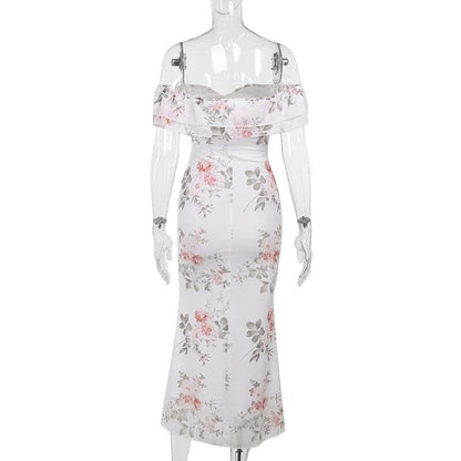 Off shoulder ruched flower print maxi dress