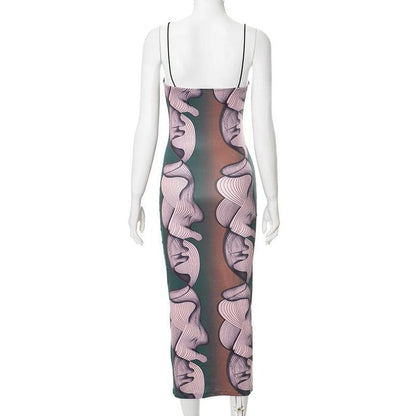 U neck abstract print contrast cami midi dress
