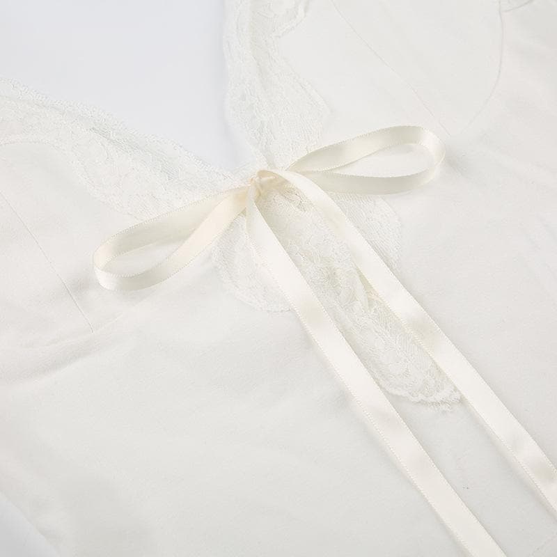 Bowknot ribbon lace hem backless solid cami top