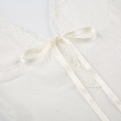 Bowknot ribbon lace hem backless solid cami top