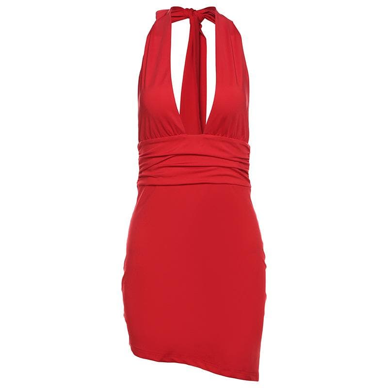 Halter deep v neck ruched backless mini dress