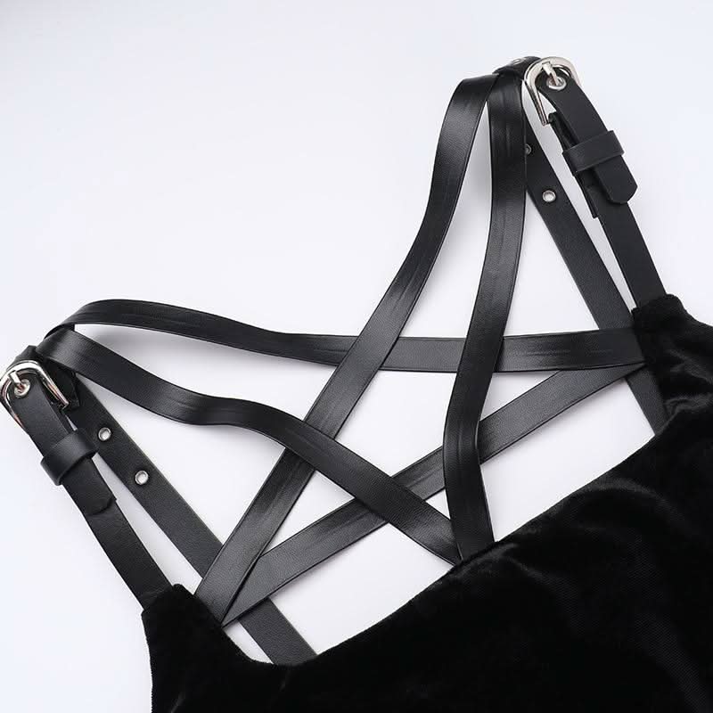 Velvet high slit pentacle pattern buckle cami maxi dress