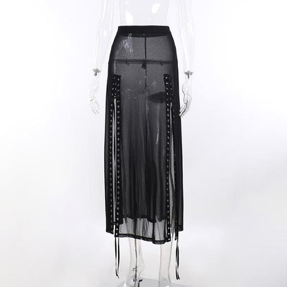 Sheer mesh see through lace up slit solid maxi skirt