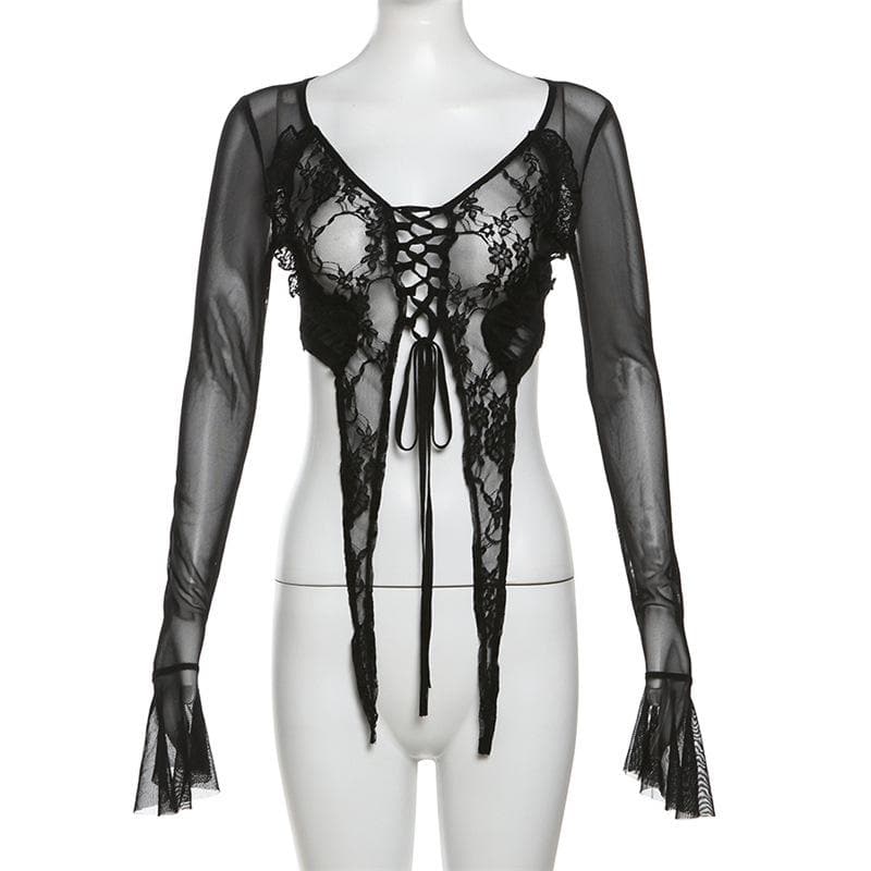 Long flared sleeve mesh see through lace up crop top