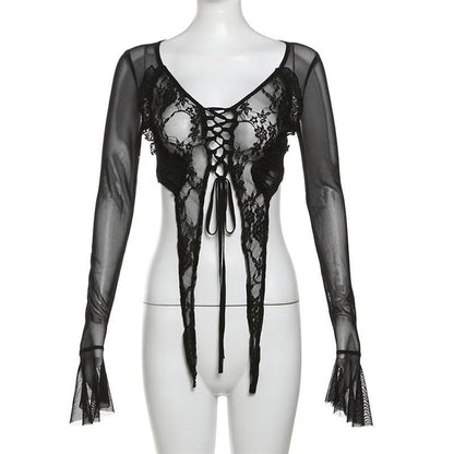Long flared sleeve mesh see through lace up crop top