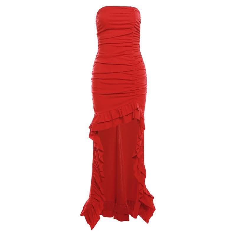 Ruched ruffle solid backless tube maxi dress-final-sale