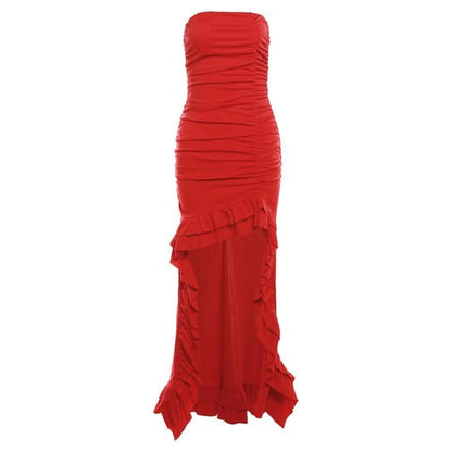 Ruched ruffle solid backless tube maxi dress-final-sale