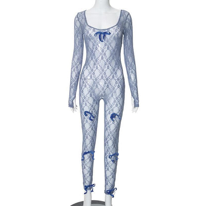 Long sleeve see through bowknot lace jumpsuit