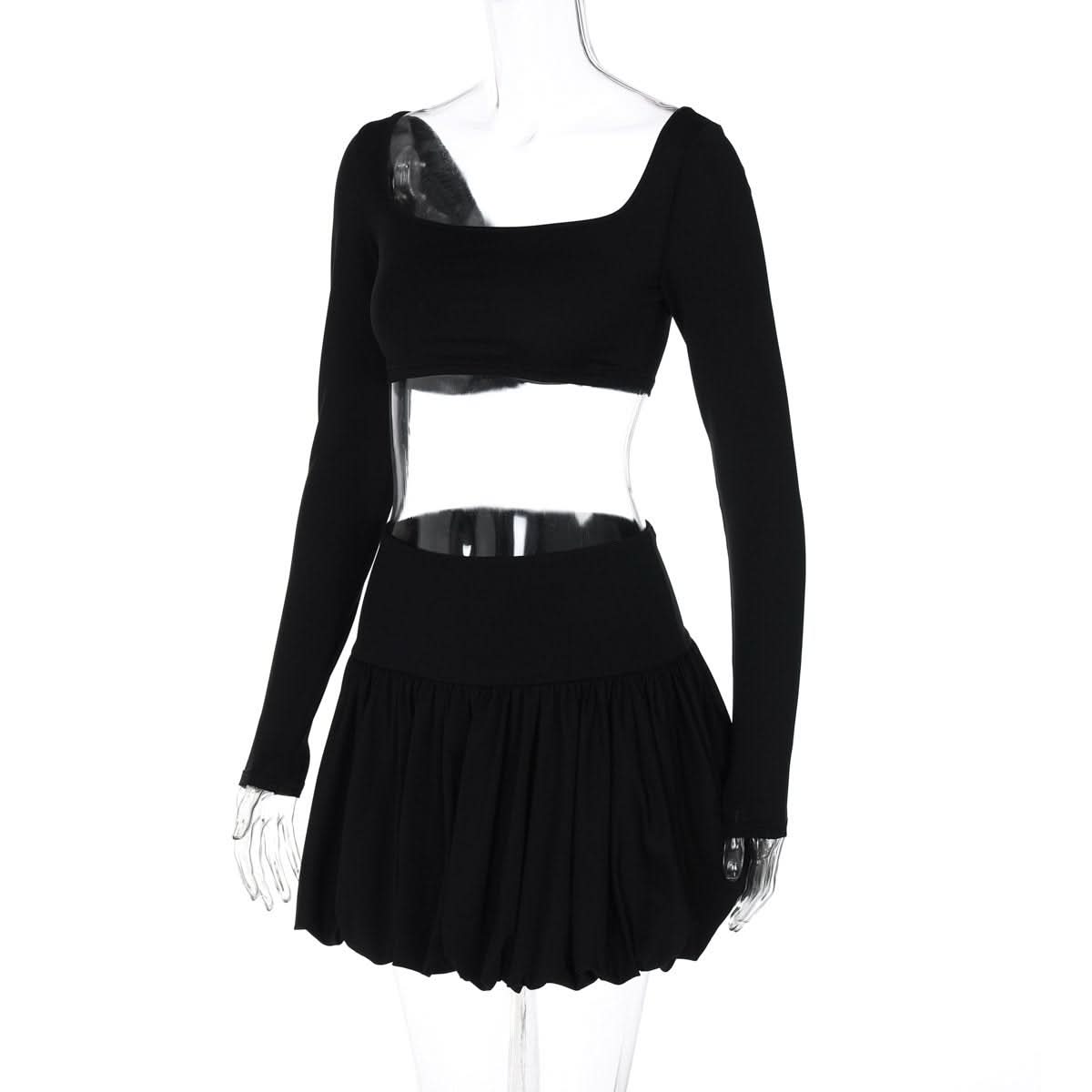 Long sleeve square neck ruched solid mini skirt set