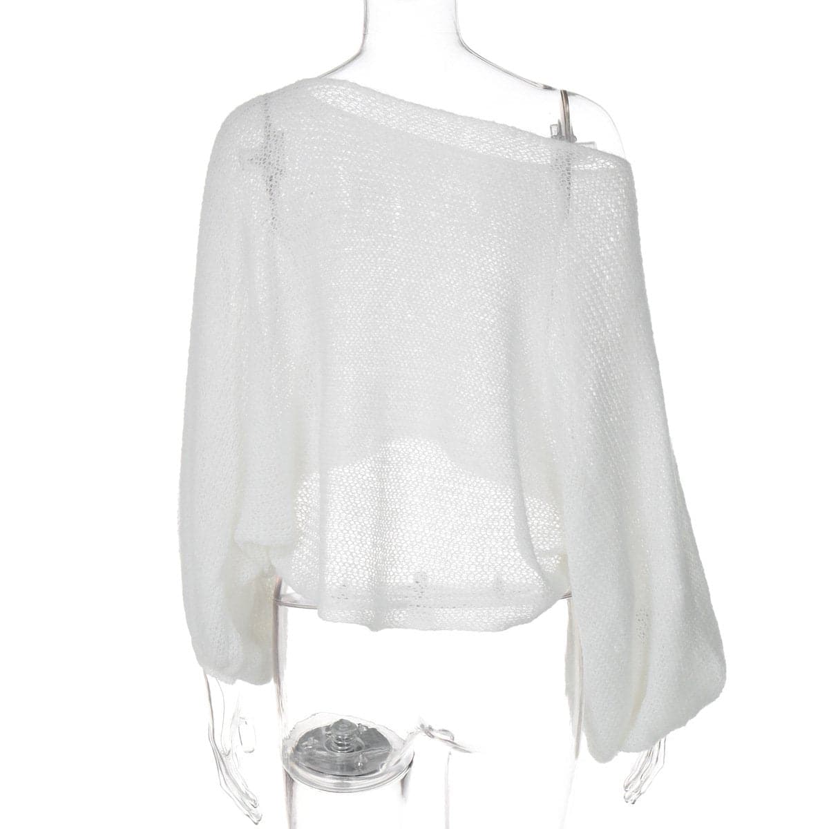 Long puff sleeve knitted one shoulder see through top