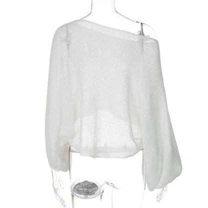 Long puff sleeve knitted one shoulder see through top