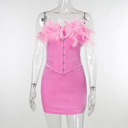 Velvet feather button tube mini dress