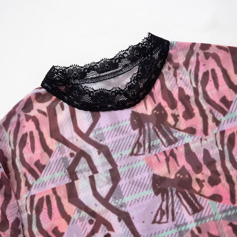 Long sleeve lace hem abstract print self tie short pant set