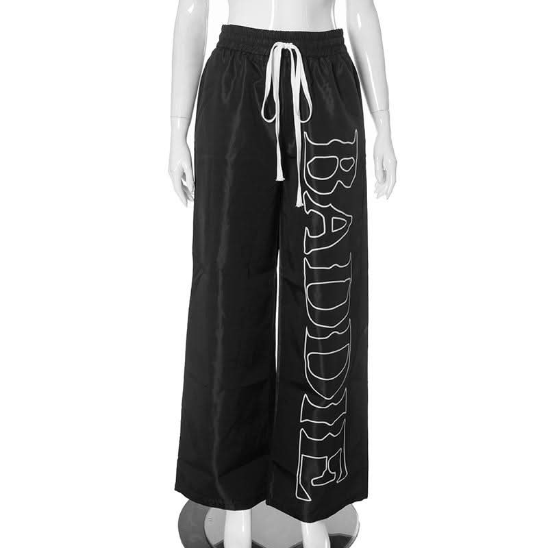 Drawstring self tie letter print medium rise pocket pant