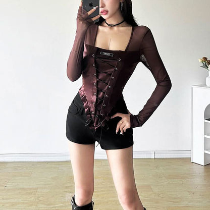 Long sleeve mesh square neck lace up top