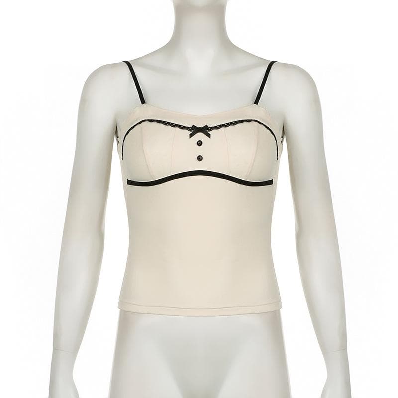 Lace hem button stitch bowknot cami top