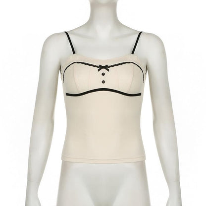 Lace hem button stitch bowknot cami top