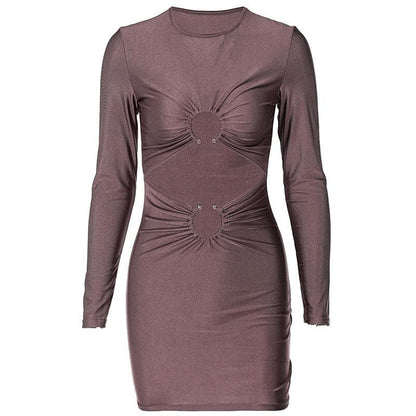Long sleeve solid ruched o ring hollow out cut out mini dress