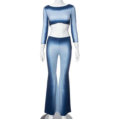 Long sleeve gradient crewneck ruffle pant set