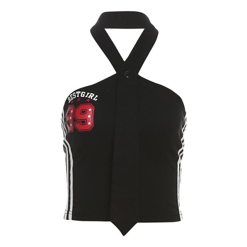 Halter button “99” pattern contrast backless crop top