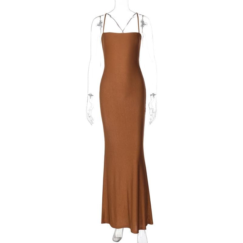 Hollow out ruched cross back cami cut out maxi dress