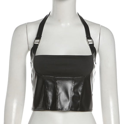Halter PU leather buckle zip-up stitch solid top