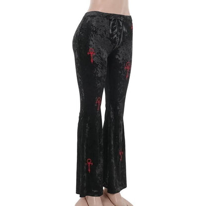 Lace up velvet embroidery medium rise pant