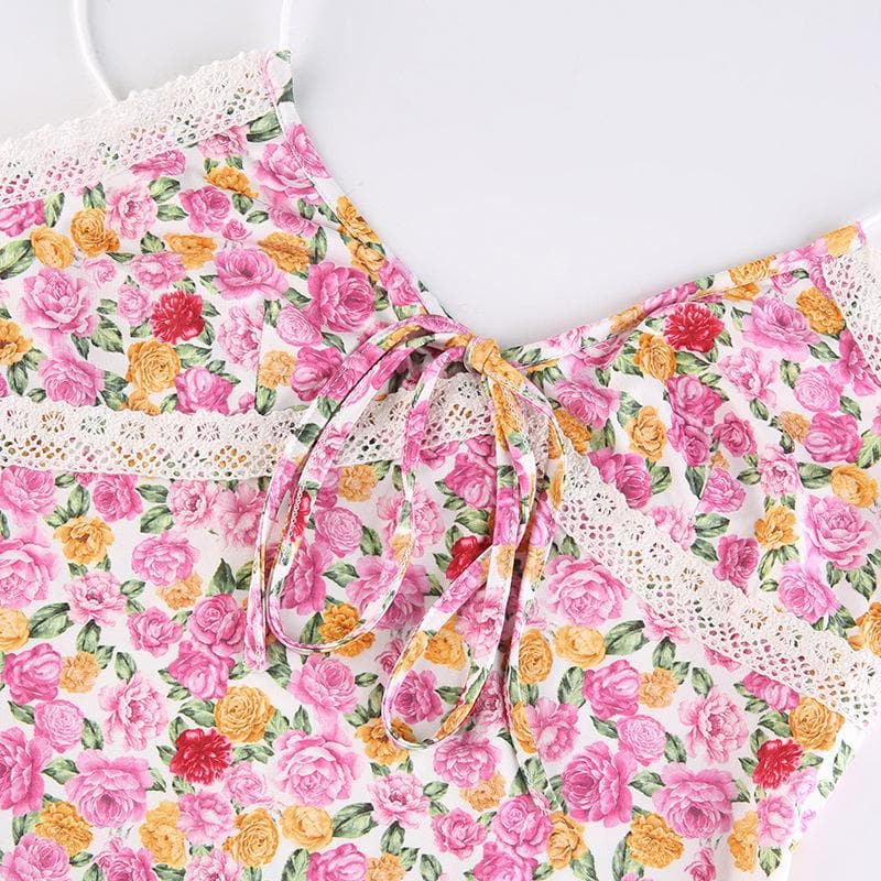Floral Print V Neck Keyhole Tie Lace Trim Spaghetti Strap Cami Maxi Dress