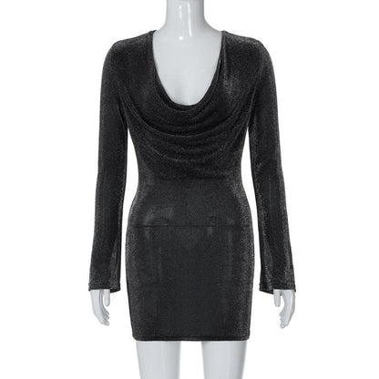 Long sleeve cowl neck ruched glitter solid mini dress