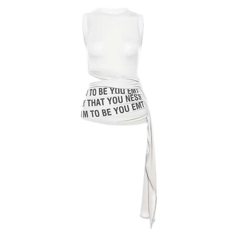 Hollow out crewneck ruched letter print sleeveless cut out top