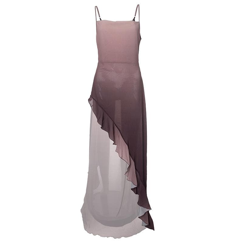 Gradient cowl neck see through ruffle cami maxi dress