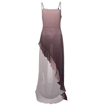 Gradient cowl neck see through ruffle cami maxi dress