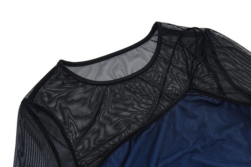 Mock Neck Mesh Long Sleeve Thumbhole Contrast Panel Bodycon Mini Dress